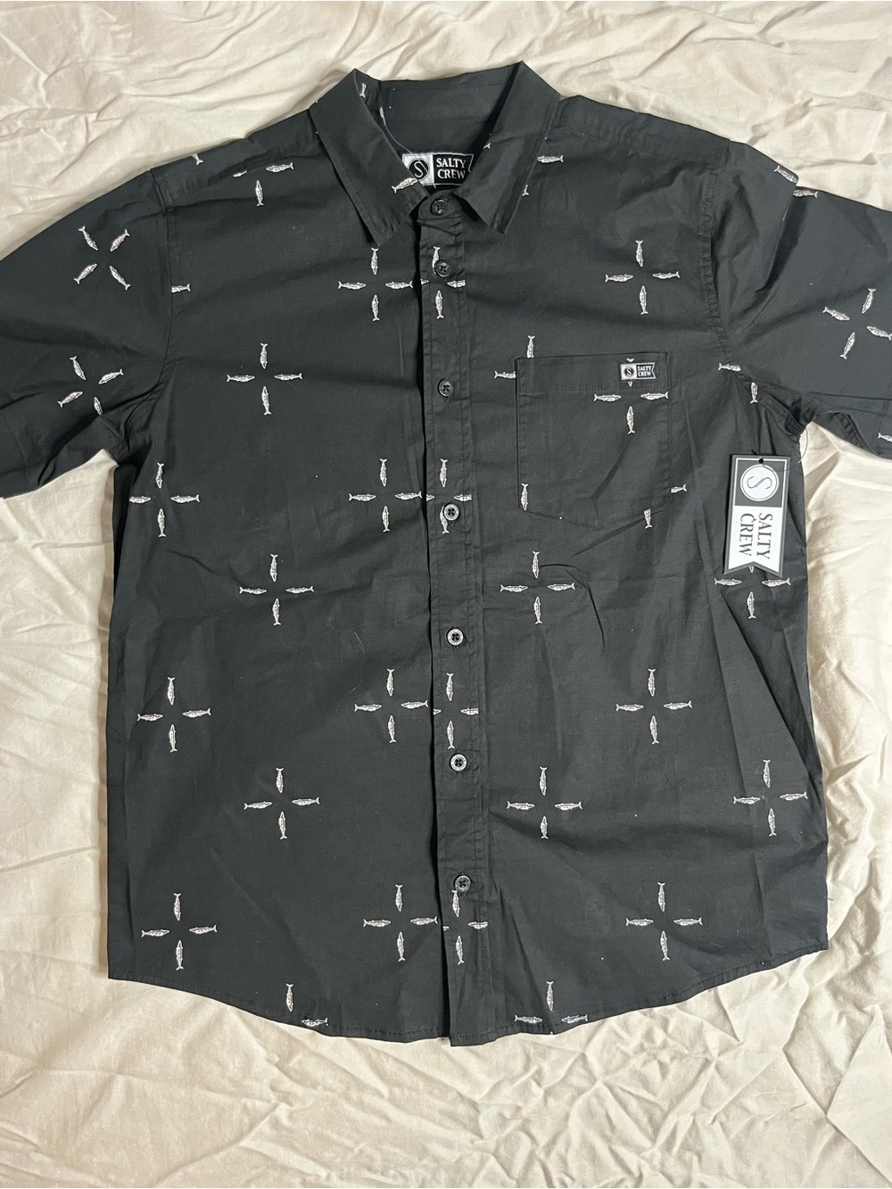 Salty Crew Black Short-Sleeve Button-Up Shirt with White Micro Print